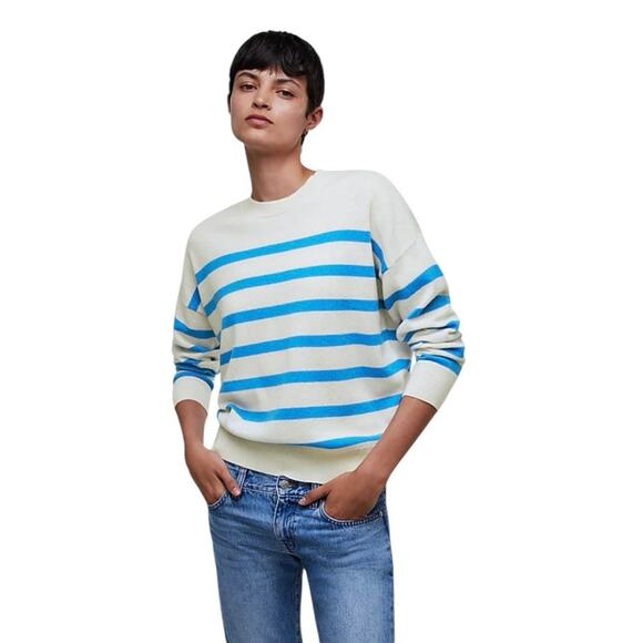 MADEWELL Women’s Cashmere Oversized Crewneck Sweater Hthr Blue Sky Stripe-Sz XXS - Picture 1 of 8